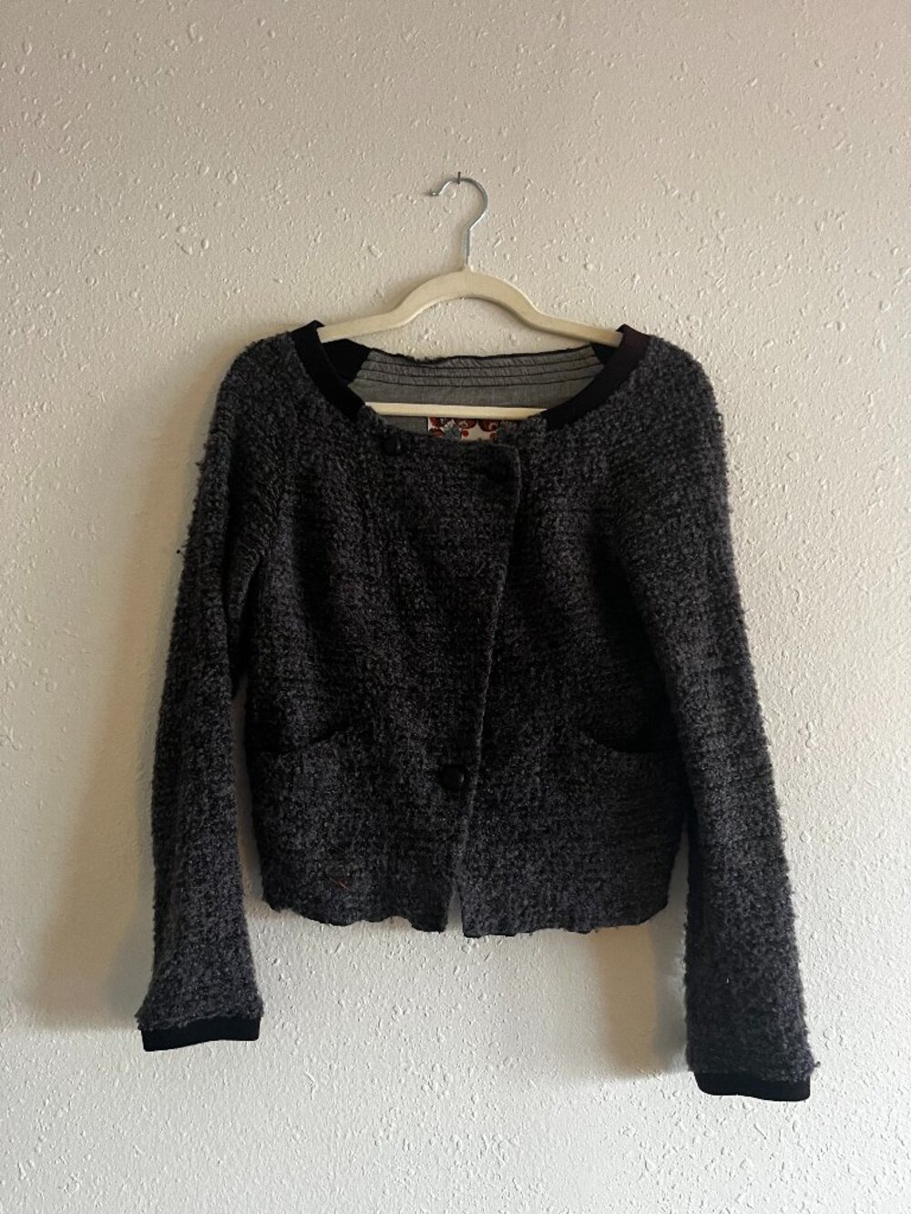 Free People Gray Bouclé Wool Blend Cropped Cardigan Sweater XS Button Front